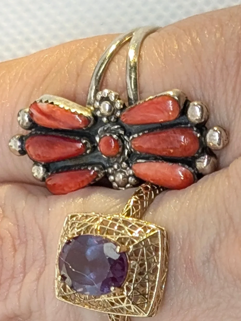 Navaho style Sterling Silver Red Coral Cluster Statement Ring size 8 3/4